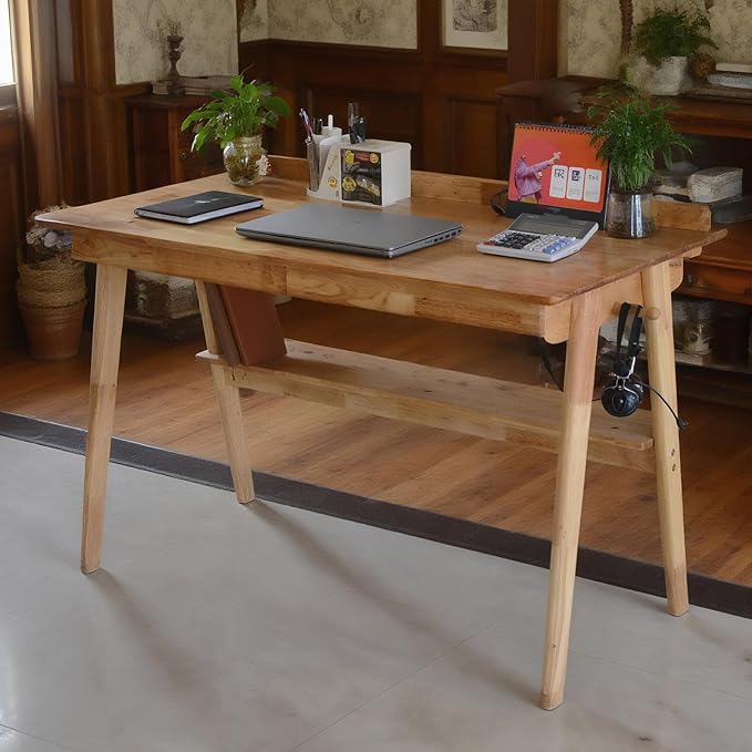 Oak Desk with Drawers, Solid Wood Desk with Bookshelf Small Computer Desk - Image 2