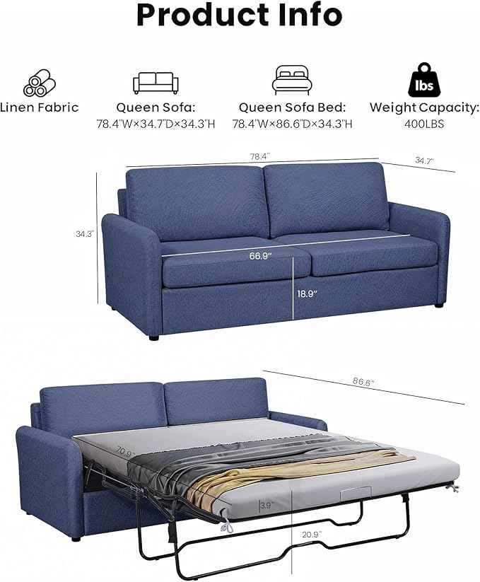 Queen Pull Out Sofa Bed, 2-in-1 Convertible Sleeper Sofa Couch - Image 3