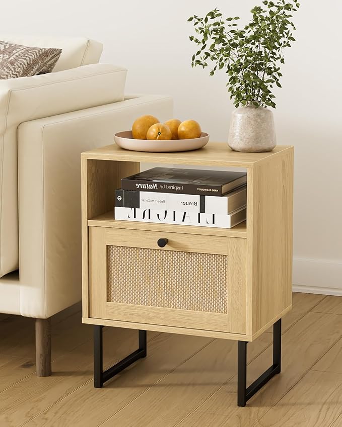 Rattan Nightstand, Boho Night Stand Farmhouse Wood Bedside Table - Image 3