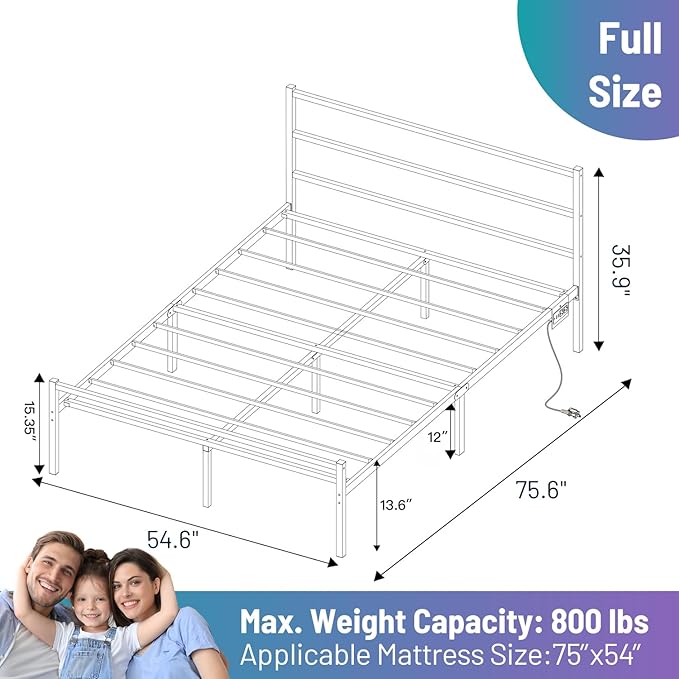 Full Size Bed Frame with Headboard, Heavy Duty Steel Slats Support-LED Bed - Image 2