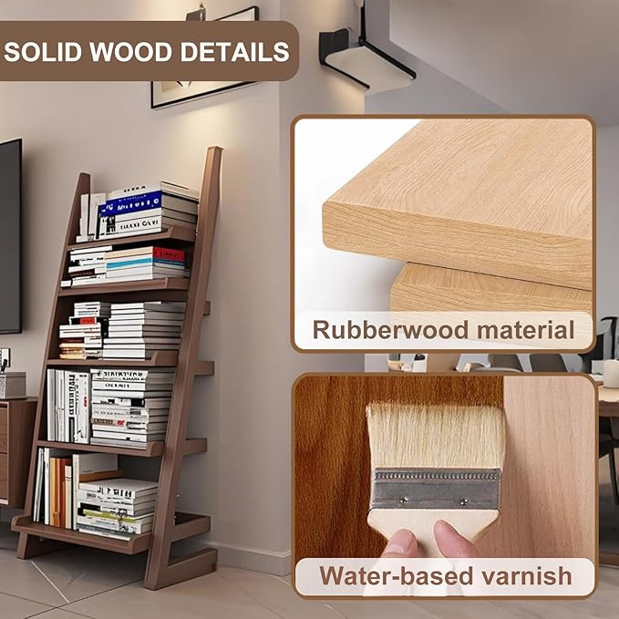 5-Tier Wooden Ladder Shelf Bookcase, H 55" Walnut Ladder Bookshelf Freestanding - Image 4