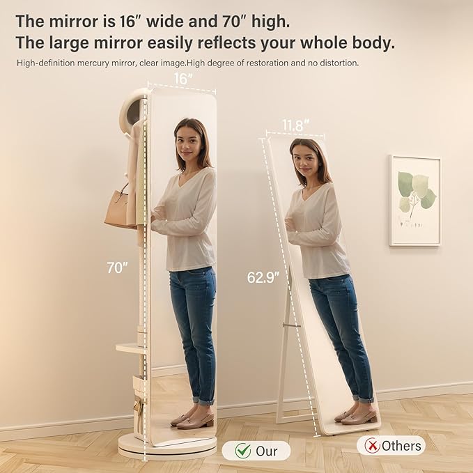 70"x16"Full Length Mirror with Stand, Coat Rack with Mirror, Solid Wood Floor - Image 3