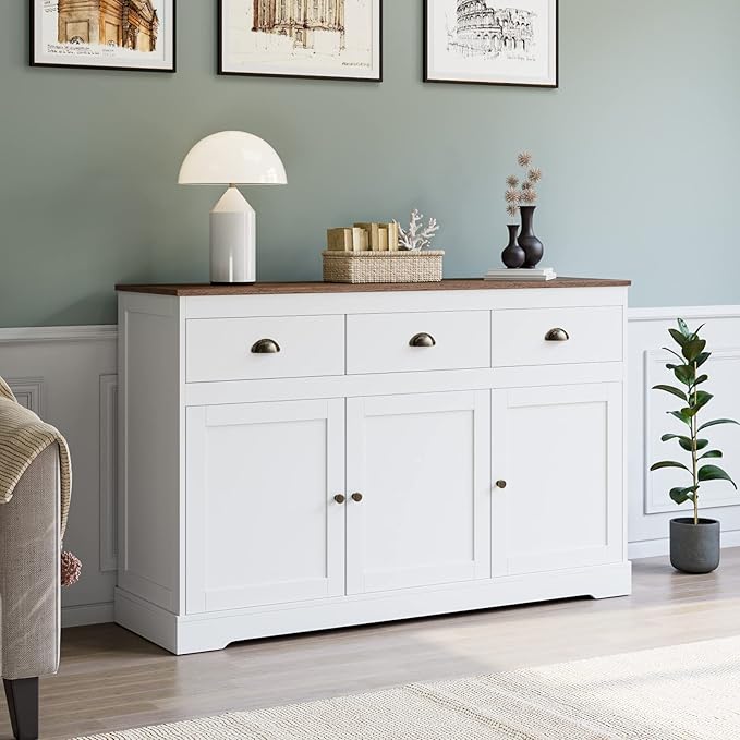 Keyluv White Buffet Cabinet Storage Sideboard Farmhouse Server Bar Wine Cabinet - Image 7