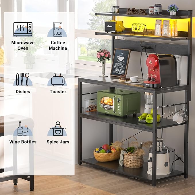 Aheaplus Bakers Rack with Power Outlet, Microwave Stand, 5 Tiers Coffee Bar - Image 5