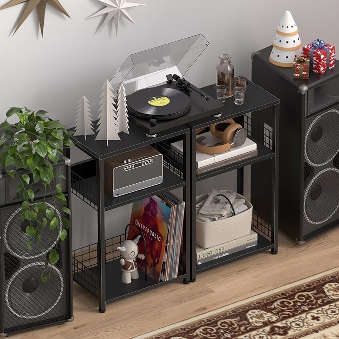 LELELINKY Side Table with Storage, 3 Tier Industrial Wooden Record Player - Image 2
