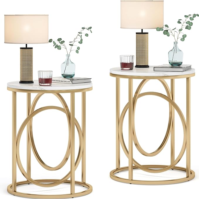 Tribesigns Round End Table for Living Room Set of 2, Modern Marble Side Table by Tribesigns