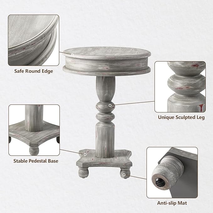COSIEST Rustic Accent Side Table, Farmhouse Wood Pedestal Table Round End Table - Image 6