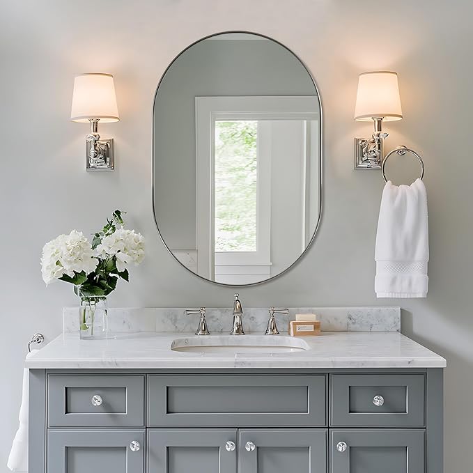 ANDY STAR 26x38’’ Brushed Nickel Oval Bathroom Mirror, Pill-Shaped Nickel by ANDYSTAR