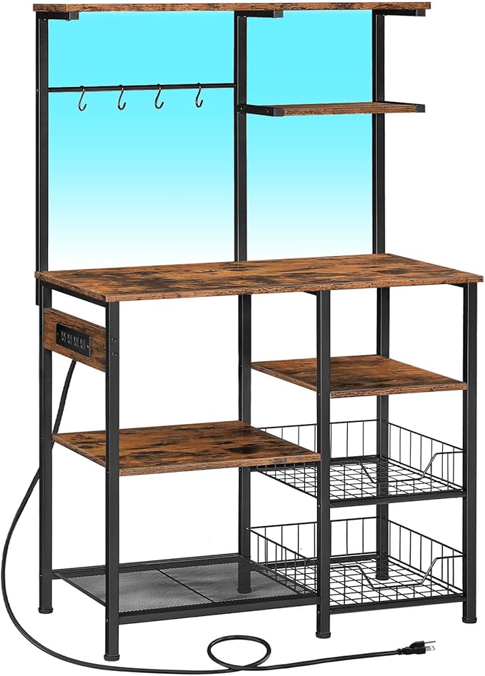 HOOBRO Bakers Rack with Power Outlet and LED Light, 6-Tier Microwave Stand with by HOOBRO