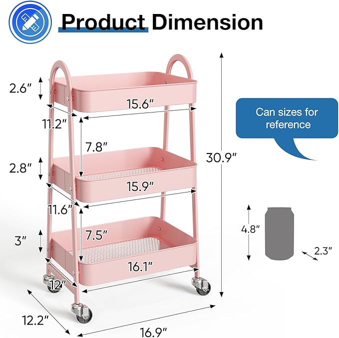 OLIXIS 3 Tier Utility Rolling Cart, Metal Mobile Storage Shelf - Image 4