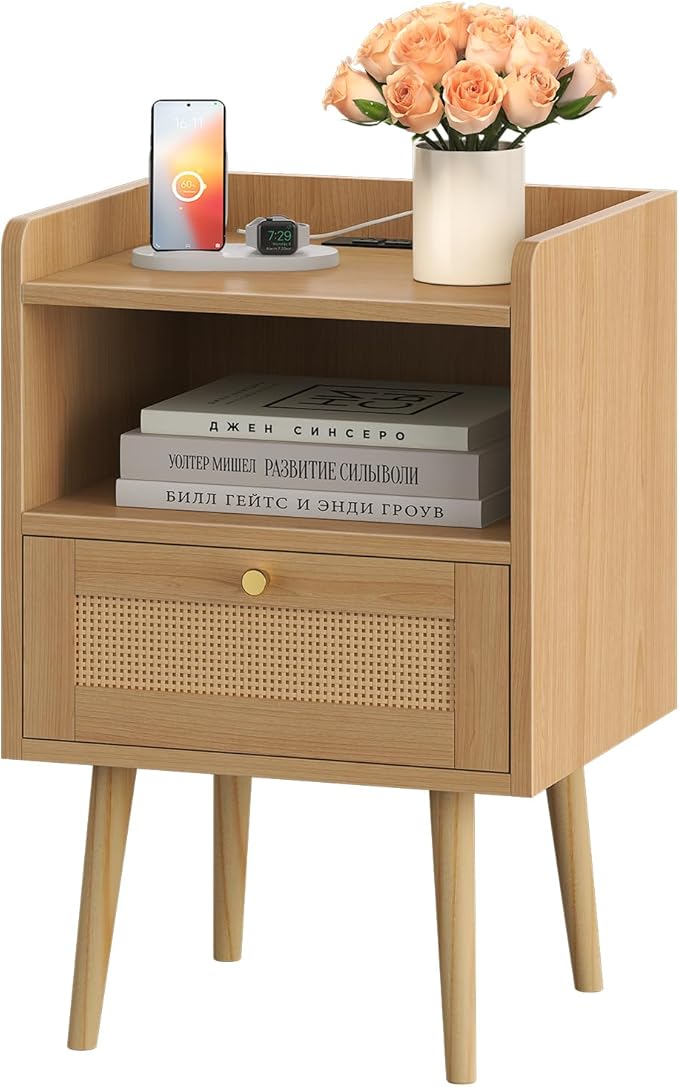 Nightstand Rattan with Charging Station, Mid Century Modern Bed Side Table by MECHYIN
