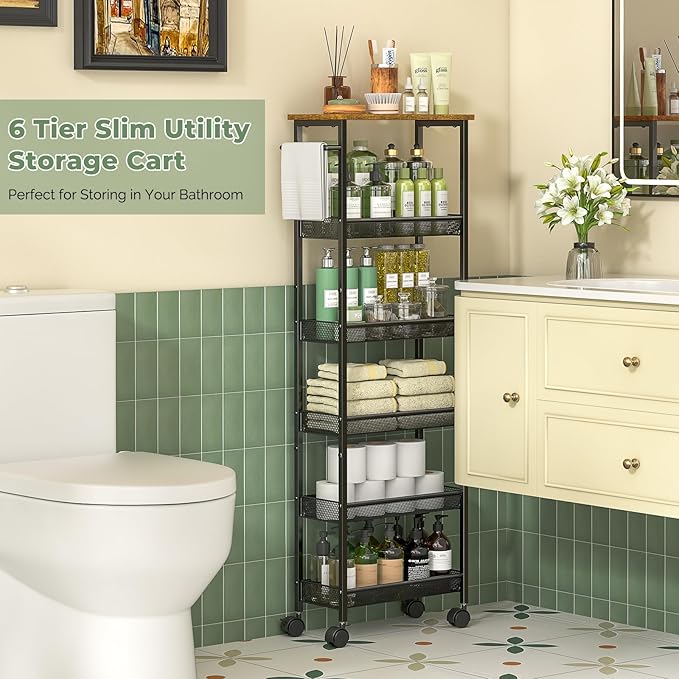 6 Tier Slim Storage Cart with Handle, Rolling Kitchen Laundry Room Storage Cart - Image 4