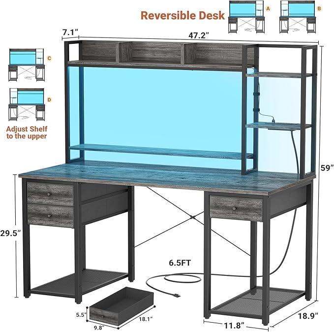 Aheaplus Desk with LED and Outlets, Gaming Desk with Hutch, 47.2'' Computer - Image 2