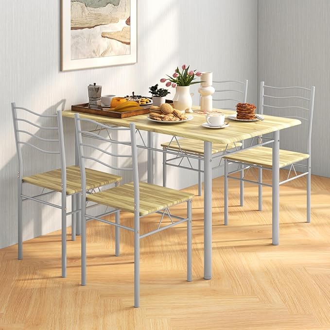 5 Piece Dining Table Set for 4 Chairs Modern Wood Metal Kitchen Breakfast - Image 2