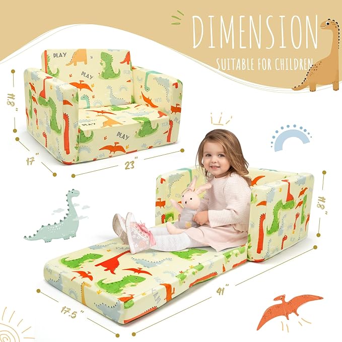 Dinosaur Kids Sofa Bed, Diary Kids Couch- Convertible 2-in-1 Lounger - Image 3