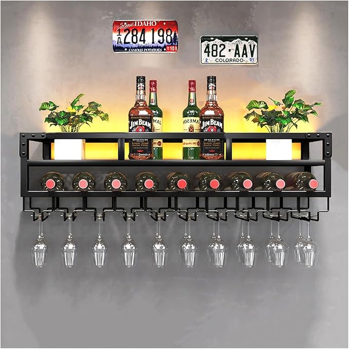 Pengfei LED Wine Rack Wall Mounted, Industrial Metal Wall Wine Shelf & Glass by PENGFEI