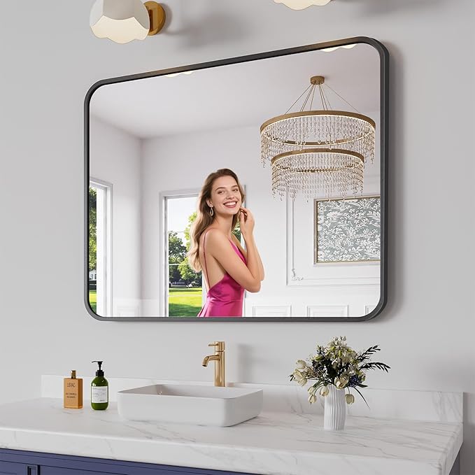Koonmi Bathroom Mirror, 32X40 Inch Black Metal Framed Mirror by KOONMI