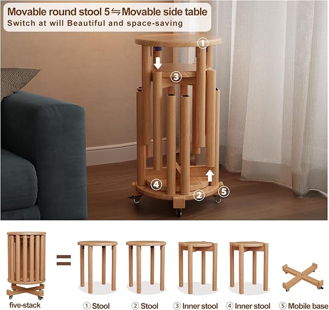 Stackable Stools Set of 4, Wooden Stool 18 Inch Stool Stackable Side Tables - Image 3