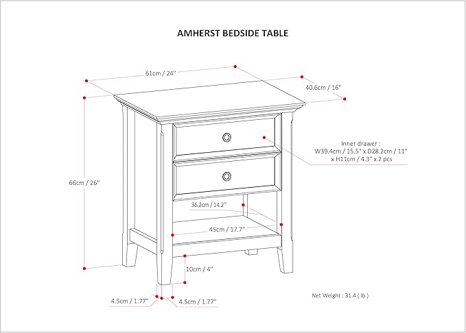 SIMPLIHOME Amherst SOLID WOOD 24 inch Wide Transitional Bedside Nightstand - Image 3