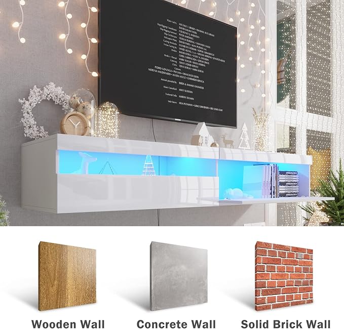 Floating TV Stand with Led Lights, 71 inch Wall Mounted TV Shelf with Power - Image 3