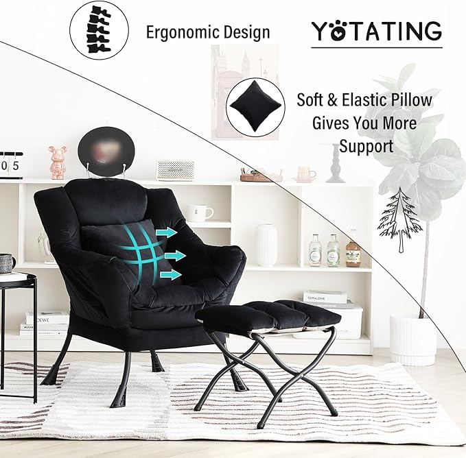 Lazy Chair with Ottoman, Comfy Reading Lounge Chair with Footstool & Throw - Image 8