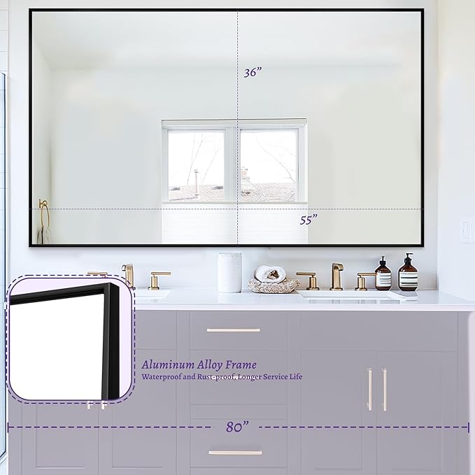 Bathroom Mirror, Rectangular Aluminum Alloy Frame Contemporary Hanging Mirror - Image 8