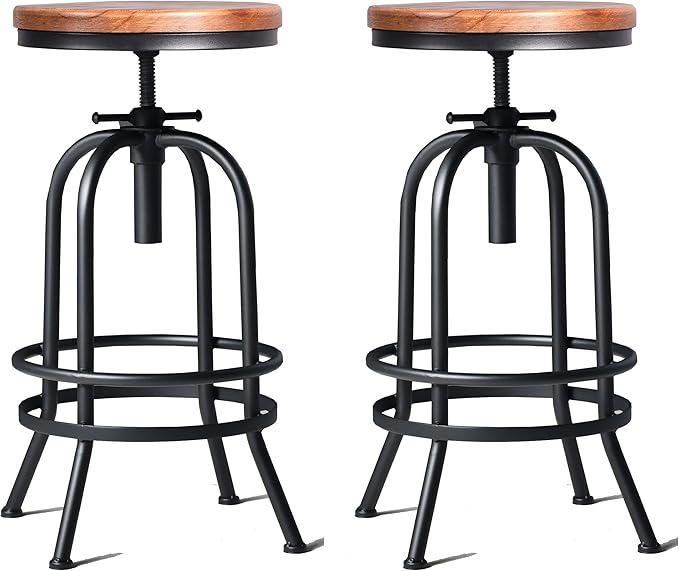 Diwhy Industrial Bar Stool-26-32 Inch Adjustable Swivel Metal Wood Seat Stool - Image 8