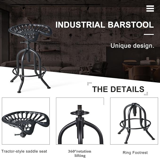 Industrial Bar Stool Farmhouse Tractor Saddle Stool Kitchen Counter Height - Image 8
