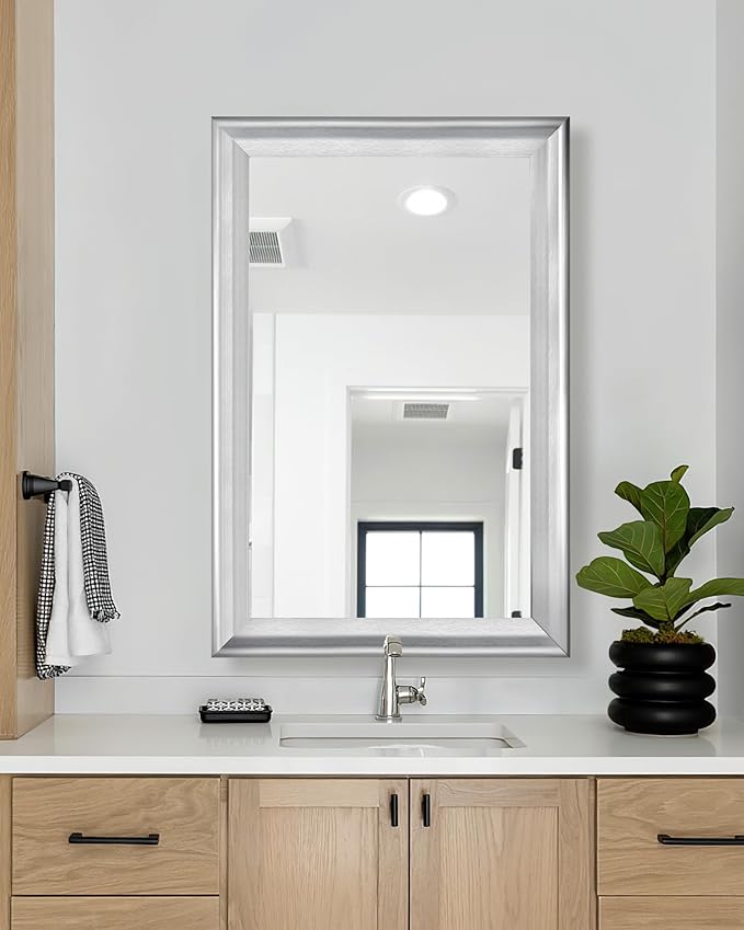 CULER Silver Wood Wall Mirror for Bathroom, Rectangle Rustic 24 x 36 inch - Image 4