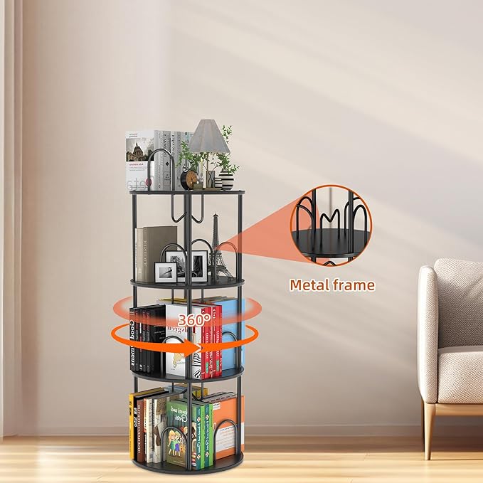 3 Tier Rotating Bookshelf, 360° Spinning Bookshelf Tower, Round Narrow Space - Image 7