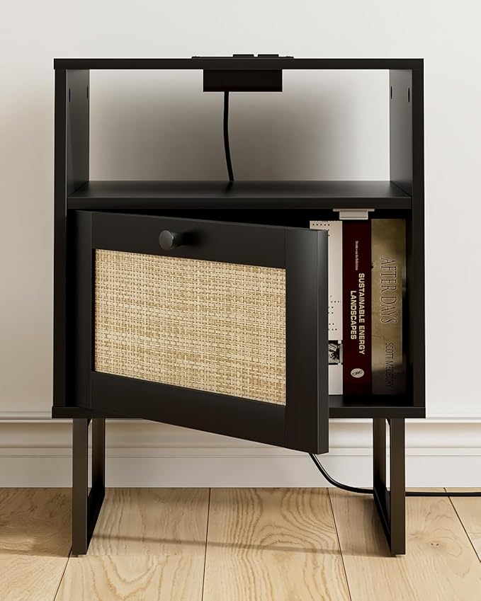 Rattan Nightstand with Charging Station, Boho Night Stand Farmhouse Wood - Image 6