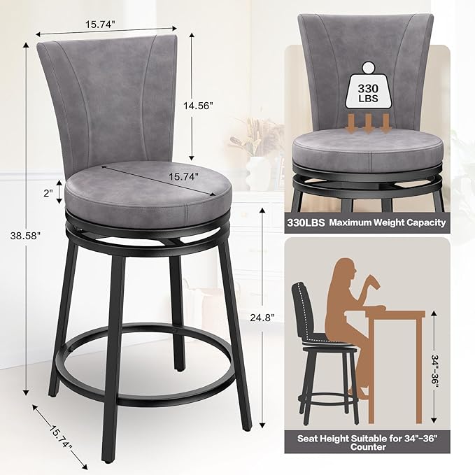 Bar Stools Set of 2, Counter Height Swivel Bar Chair - Image 3