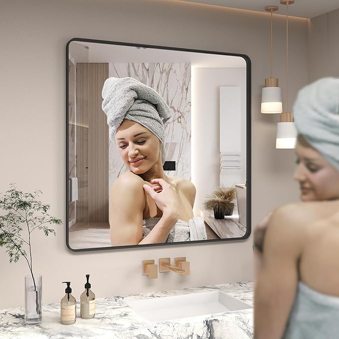 36x36 Square Black Bathroom Mirror, Matte Framed Bathroom Vanity Mirror - Image 5