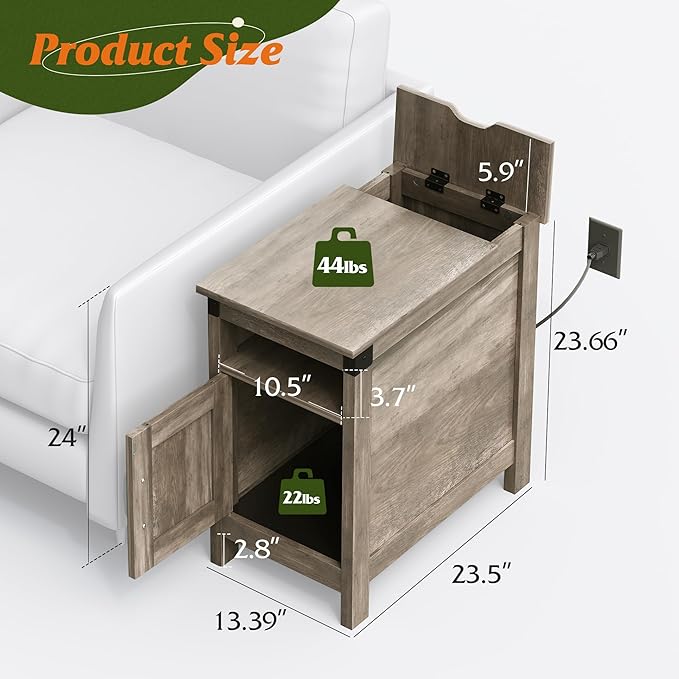 WLIVE Farmhouse End Table with Charging Station, Narrow Side Table - Image 3