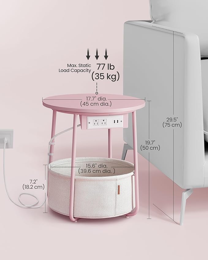 VASAGLE Side Table with Charging Station, Round End Table with Fabric Basket - Image 2
