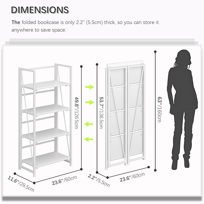 4NM No-Assembly Folding Bookshelf Storage Shelves 4 Tiers Vintage Bookcase - Image 2