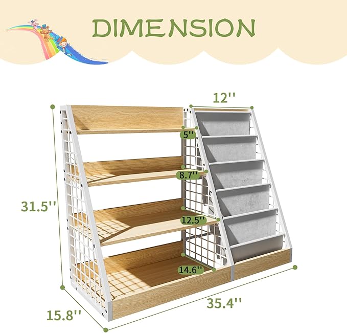 Kids Book Shelf, 4 Tier Wooden Bookshelf, 5 Layer Sling Children Bookcase - Image 7