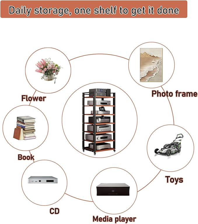 7 Tier Audio Rack Tower, CD Record Player Stereo Receiver AV Equipment Cabinet - Image 7