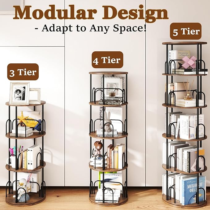 5-Tier Rotating Bookshelf, 360° Round Spinning Book Shelf Tower, Tall Skinny - Image 6