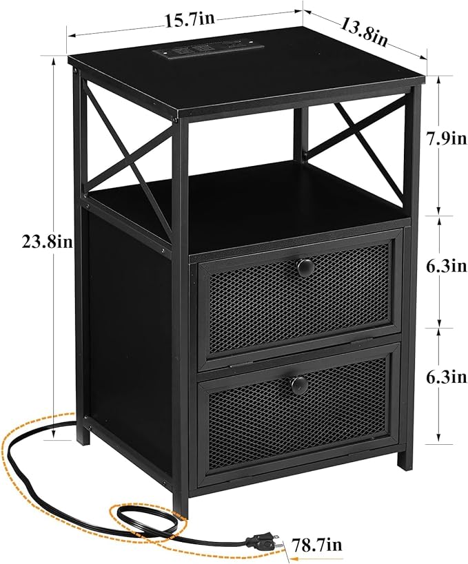 VECELO Black End Table with USB Ports and Outlets, 24 Inch Nightstands with - Image 2