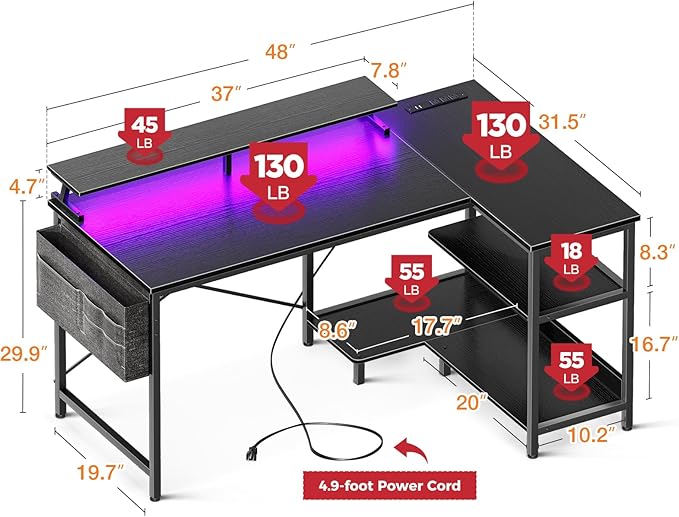 ODK 48 Inch Gaming Desk with USB Charging Ports and LED Lights, Reversible L - Image 3