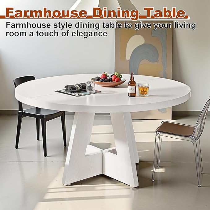 Round Dining Table for 4, 47 Inch Dinner Table Farmhouse Wooden Circle Kitchen - Image 4