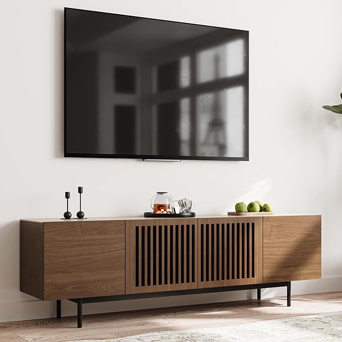 POVISON Mid Century Modern Sintered Stone TV Stand, Slatted Media Console TV - Image 7