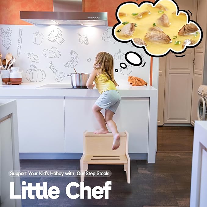 WOOD CITY Kids Step Stool for Toddler, Wooden White-Natural Patchwork Two Step - Image 3