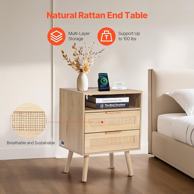 VEVOR Rattan Nightstand, Boho Bedside Table - Image 4