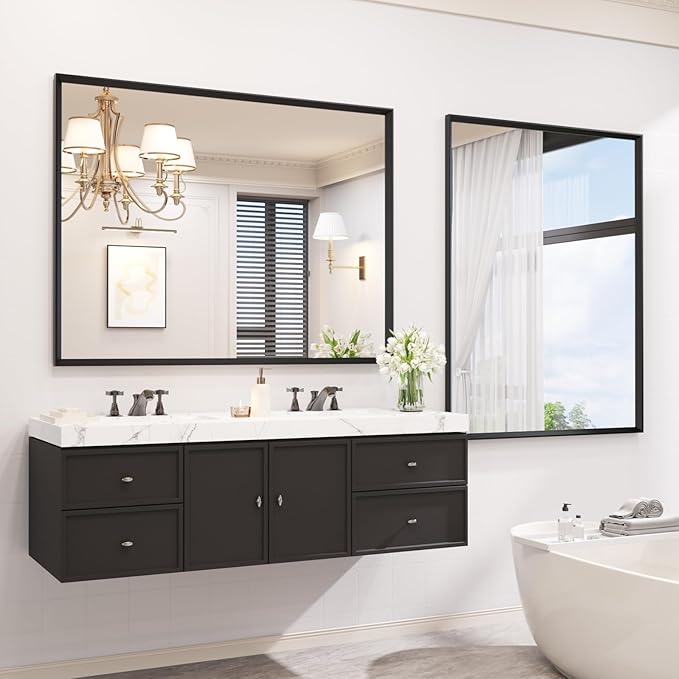 40x36 Inch Bathroom Mirror, Matte Black Framed Rectangle, 4MM Tempered Glass - Image 8