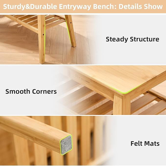 Nnewvante 33.46" Bamboo Entryway Bench, 2 Tier Indoor Storage Bench, Wood Bench - Image 7
