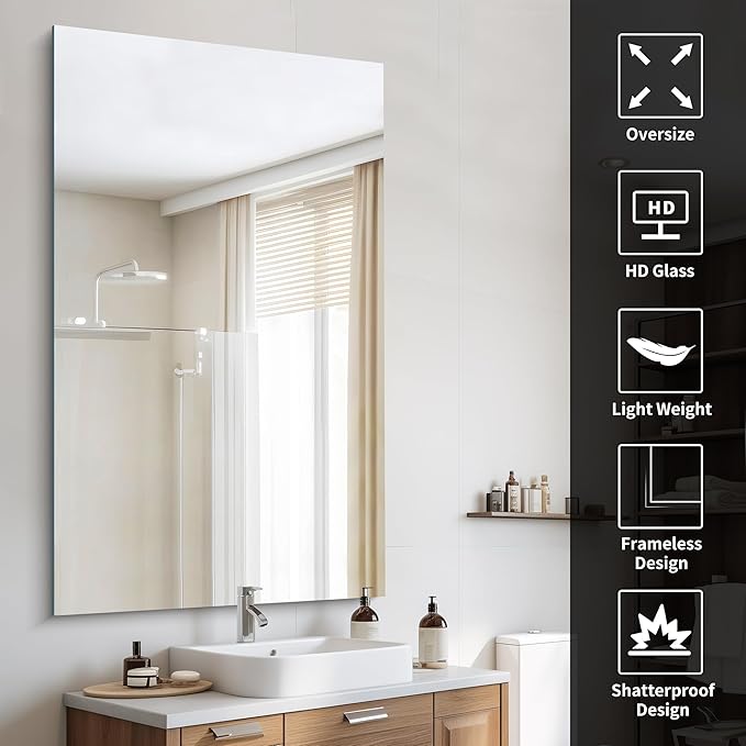Frameless Mirror, 60x36 Large Bathroom Mirrors - Image 4