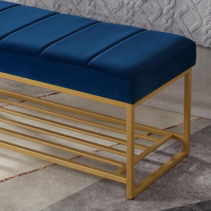 24KF Navy Velvet Upholstered End of Bed Bench - Image 7