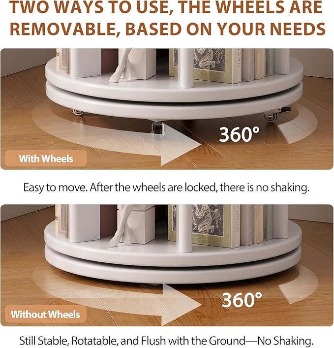 Solid Wood Rotating Bookshelf on Wheels, 5 Tier, Round Revolving Bookcase - Image 5
